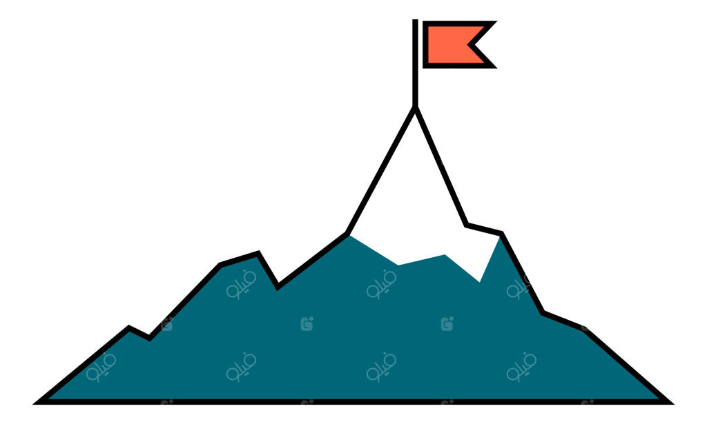 پرچم قرمز روی قله کوه، نماد مقصد و نشانه هدف، ایزوله شده در پس‌زمینه سفید
