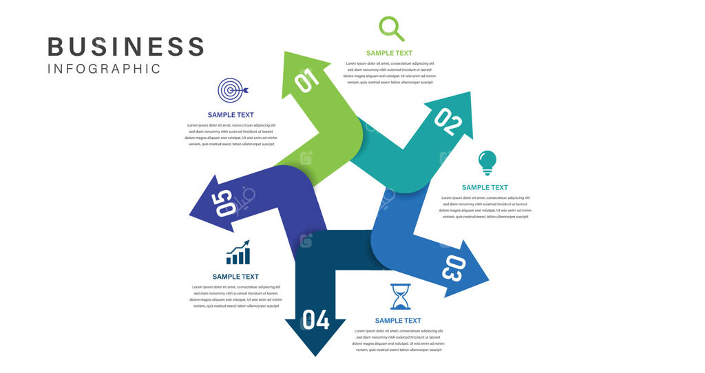 اینفوگرافیک تجاری با جریان دایره‌ای پنج مرحله‌ای و فلش‌ها