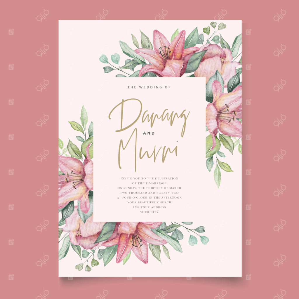 مجموعه کارت دعوت عروسی با طراحی گل و برگ آبرنگی