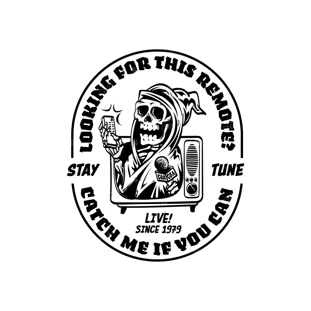 لوگوی وینتیج رترو با تصویر عزرائیل و کنترل تلویزیون