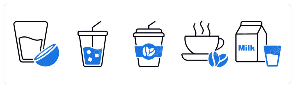 مجموعه ۵ آیکون غذا و نوشیدنی شامل شیر نارگیل، نوشابه و قهوه سرد