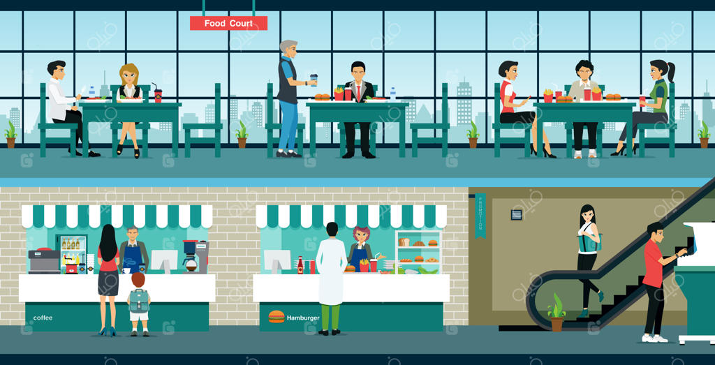 رستوران در فودکورت قرار دارد و مشتریان از خدمات آن استفاده می‌کنند.