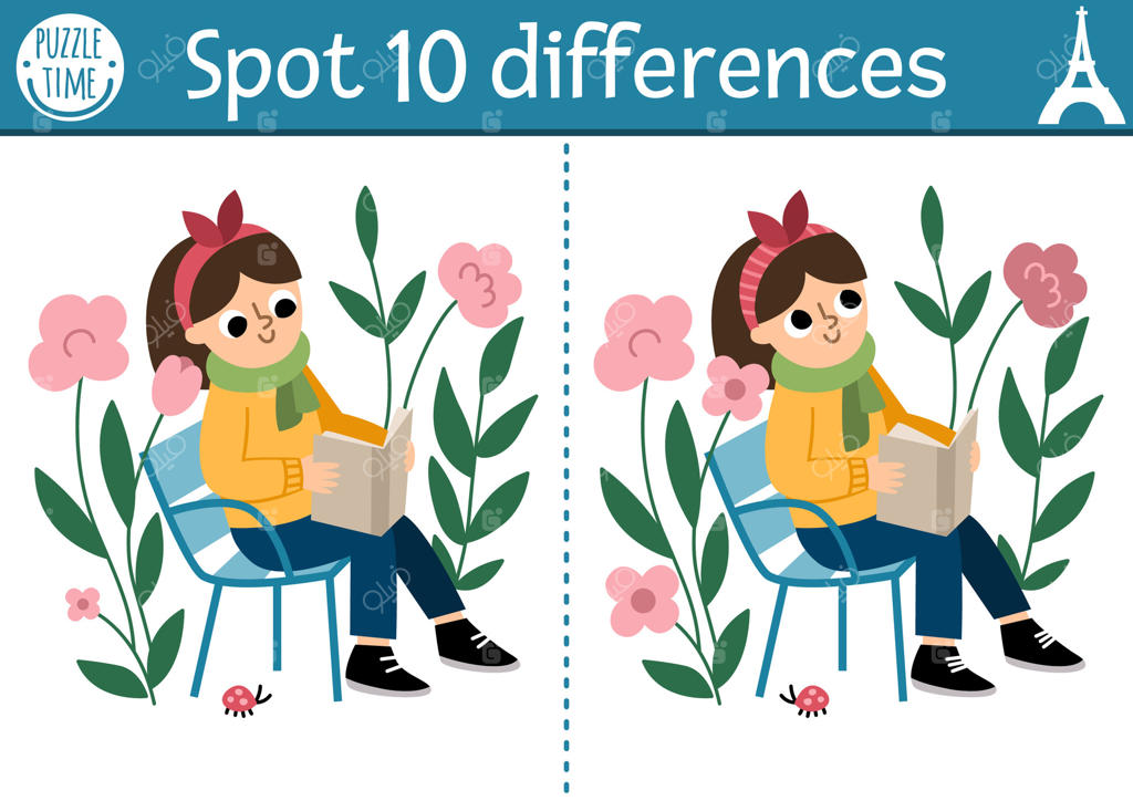 بازی پیدا کردن تفاوت‌ها برای کودکان: فعالیت آموزشی با دختر بامزه که در باغ بین گل‌ها کتاب می‌خواند. پازل برای کودکان با شخصیت فرانسوی. صفحه قابل چاپ با نماد فرانسه.