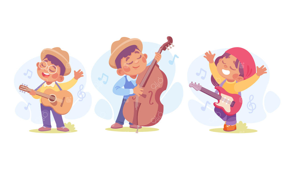 کودکان نوازنده شاد و مشتاقانه در حال نواختن هماهنگ آلات موسیقی متنوع