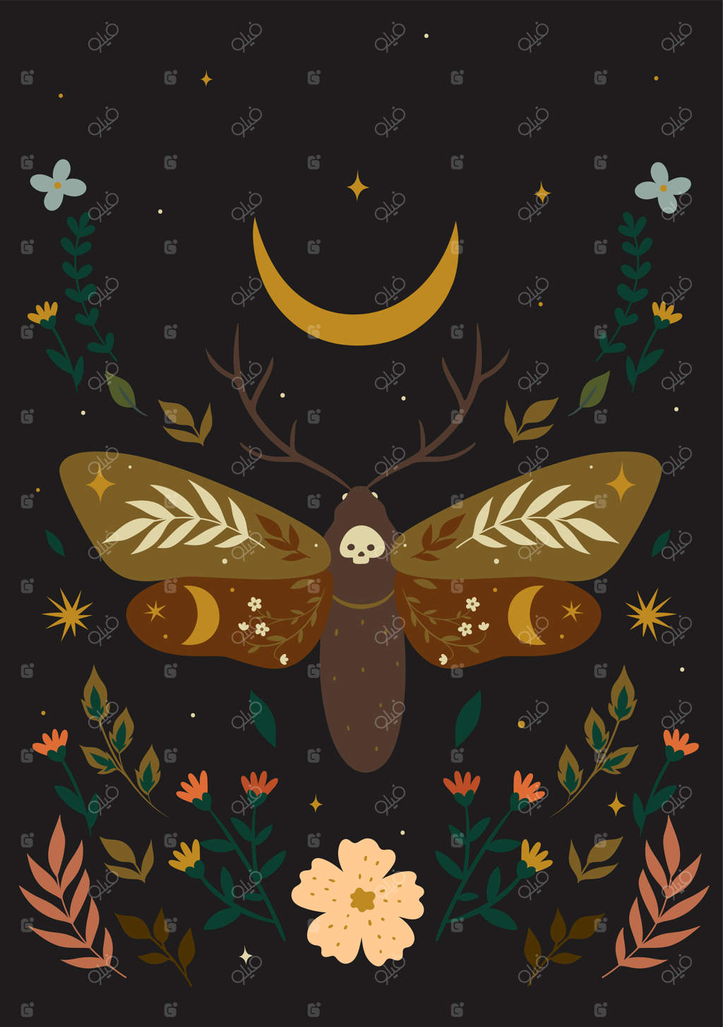 کارت‌پستال با طرح بید به سبک بوهوی. گرافیک وکتور.