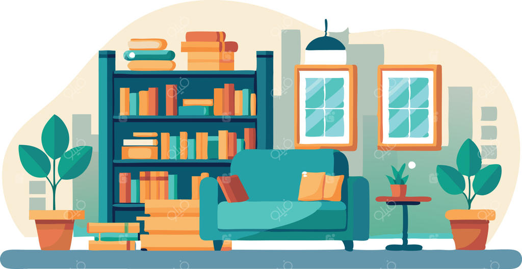 اتاق نشیمن با کاناپه، گلدان و قفسه کتاب