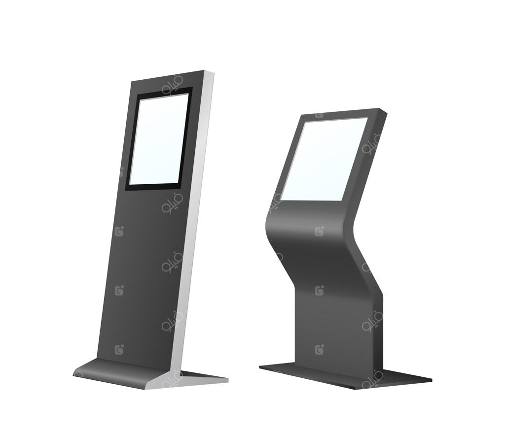 دستگاه سلف‌سرویس با پنل لمسی: تسویه قبض از ایستگاه بانکی. ترمینال برای سفارش مشتری و مدل پیش‌نمایش دستگاه خودپرداز. تصویرسازی سه‌بعدی.