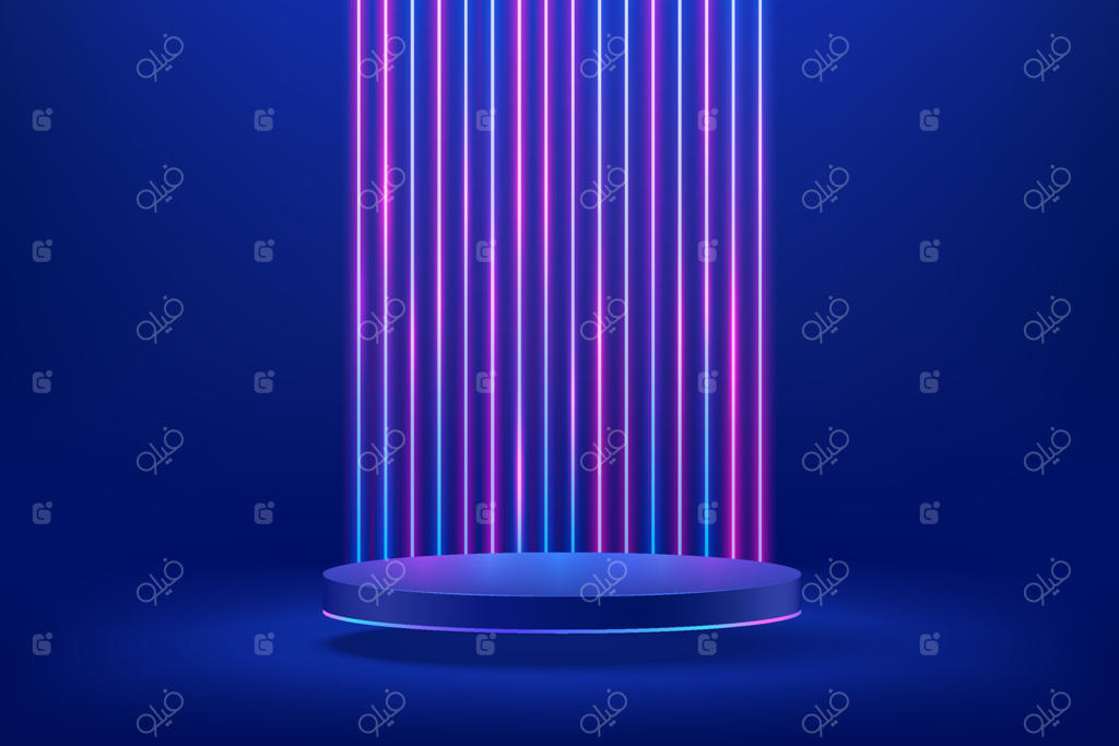 پودیوم استوانه‌ای آبی و براق انتزاعی، مفهوم اتاق علمی-تخیلی با نورپردازی نئونی عمودی؛ رندر سه‌بعدی وکتور برای نمایش محصول در صحنه‌ای با دیوار فوتوریستیک
