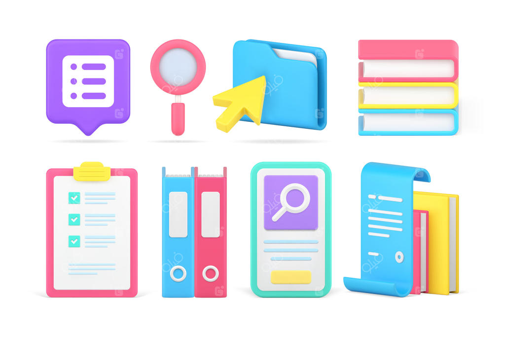 آیکون سه‌بعدی و واقعی: پوشه اسناد اداری برای جستجوی اطلاعات و یادگیری کسب‌وکار