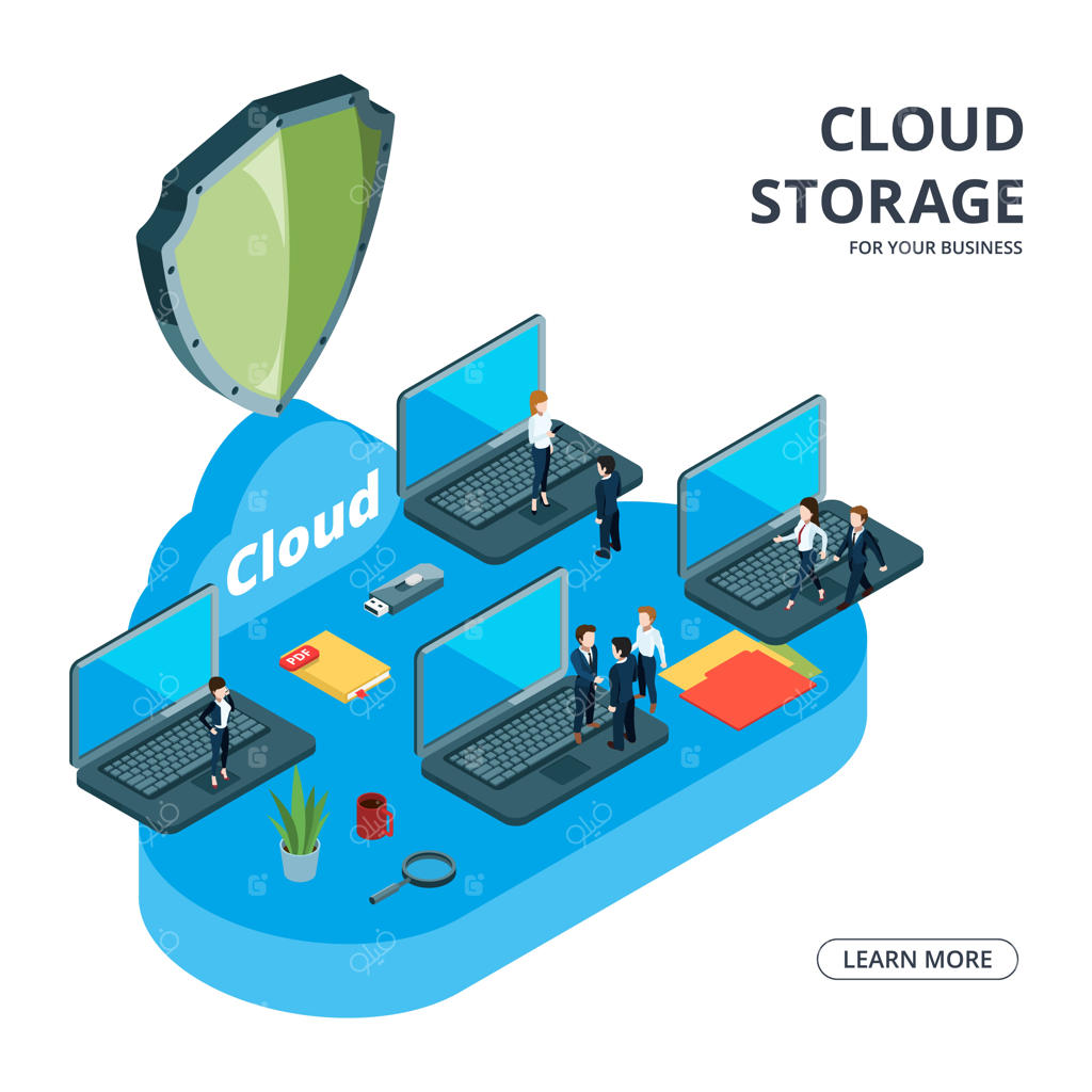 مفهوم ذخیره‌سازی ابری: تصویرسازی ایزومتریک کسب‌وکار. تیم تجاری از ذخیره‌سازی ابری استفاده کرد.