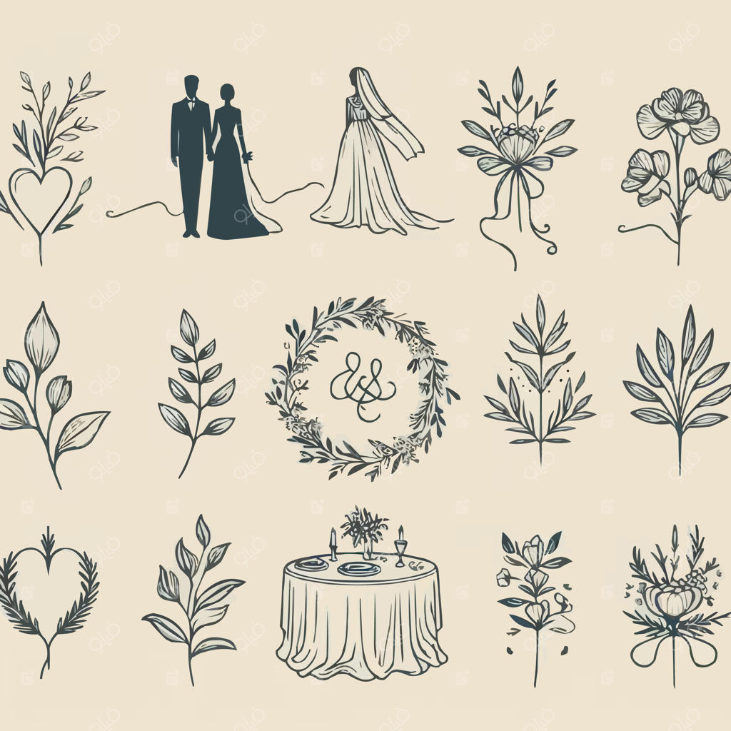 مجموعه وکتور رایگان تزئینات عروسی مینیمال با طراحی دستی