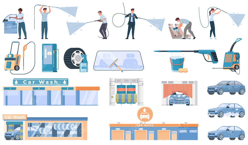 مجموعه شستشوی ماشین با آیکون‌های تخت و ایزوله از لوازم و ساختمان‌های شستشوی خودرو و شخصیت‌های انسانی - تصویر برداری