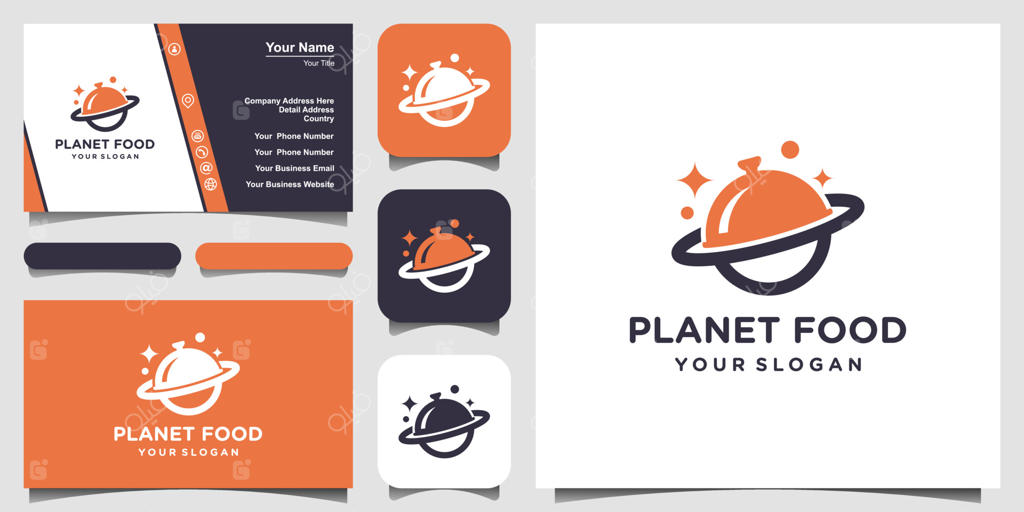 طرح لوگوی انتزاعی سیاره غذا به همراه کارت ویزیت و تصویر وکتور.