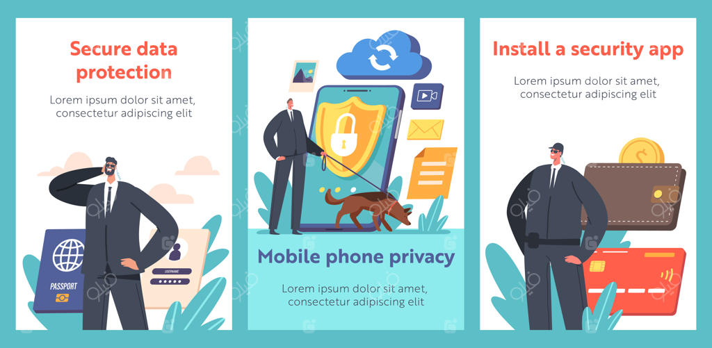 حفاظت از حریم خصوصی داده‌های موبایل در بنرهای کارتونی اینترنت - شخصیت‌های کوچک با سگ چوپان در کنار گوشی هوشمند