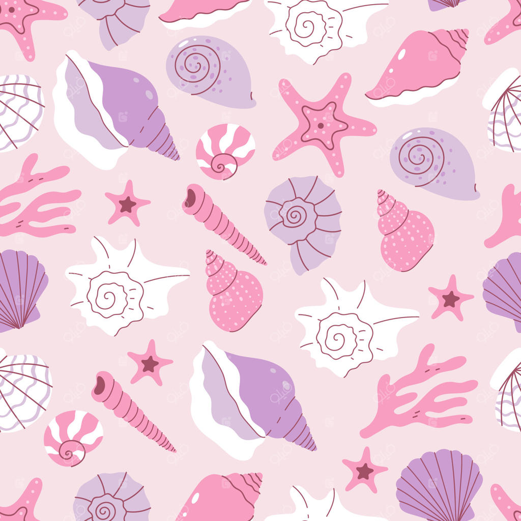 طرح یکپارچه صدف‌های دریایی در رنگ‌های صورتی و بنفش ملایم. گرافیک.