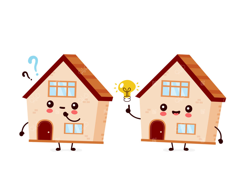 خانه‌ی بامزه و خوشحال با علامت سوال و چراغ ایده.