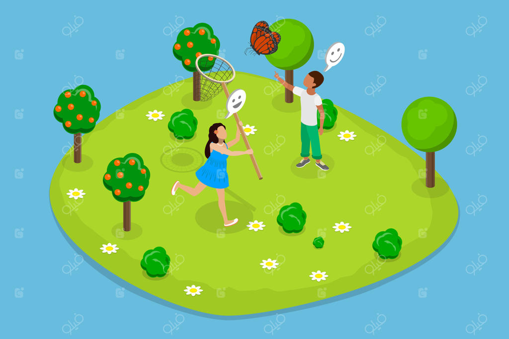 تصویر ایزومتریک سه‌بعدی از بازی‌های تابستانی، کودکان در حال گرفتن پروانه با تور