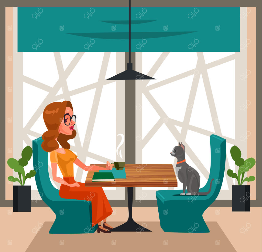 زن آزادی‌خواه خوشحال در حال نوشیدن قهوه با گربه خود