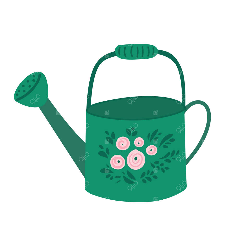 آبپاش دستی با تزئین گل. تصویر ساده و ابتدایی به سبک کودکانه، روی پس‌زمینه سفید. عنصر طراحی برای عید پاک، بهار و باغچه.