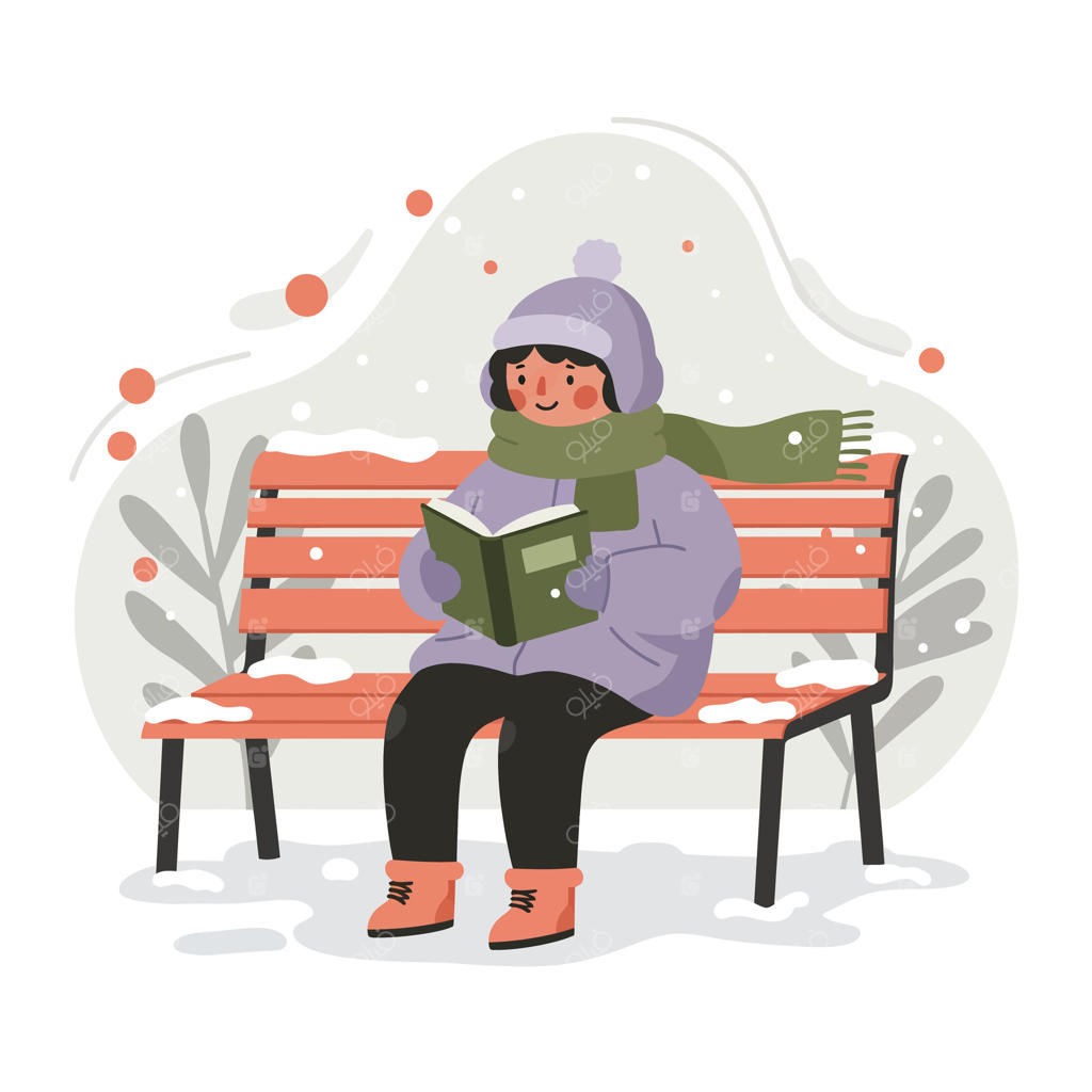 کودک در حال کتاب خواندن روی نیمکت در برف زمستانی با کلاه گرم، شال‌گردن و چکمه