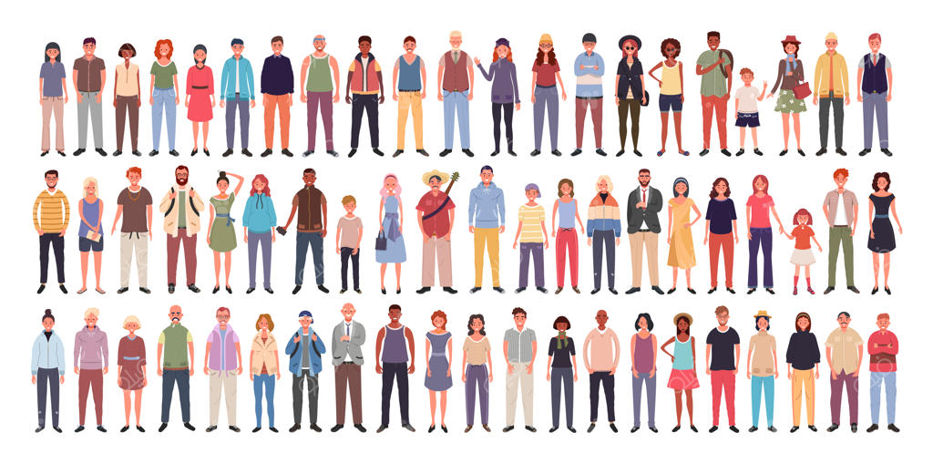 گروه بزرگی از افراد چندملیتی شامل کودکان، نوجوانان و بزرگسالان با پس‌زمینه سفید