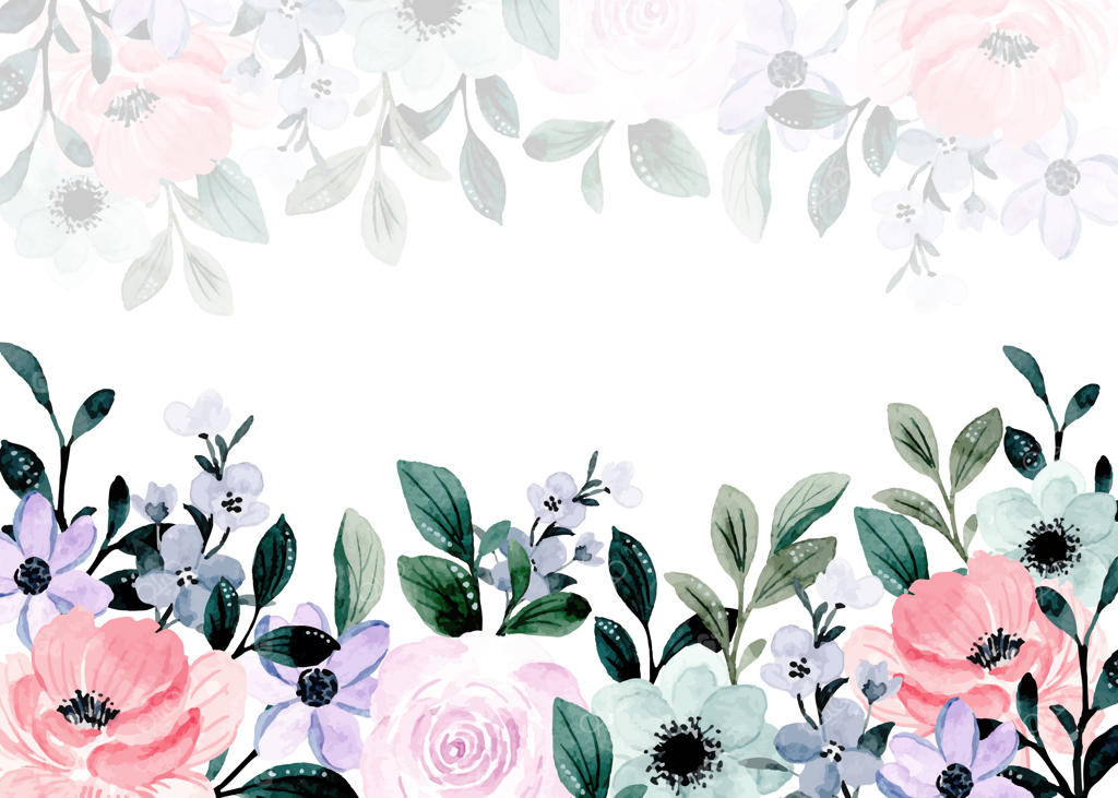 پس‌زمینه آبرنگی با گل‌های صورتی و بنفش و برگ‌های سبز