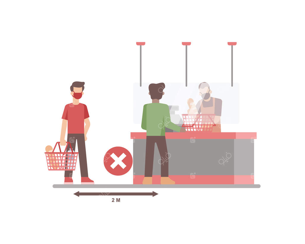 تصویر فروشگاه یا سوپرمارکت با رعایت فاصله‌گذاری اجتماعی در صف صندوق بین مشتریان