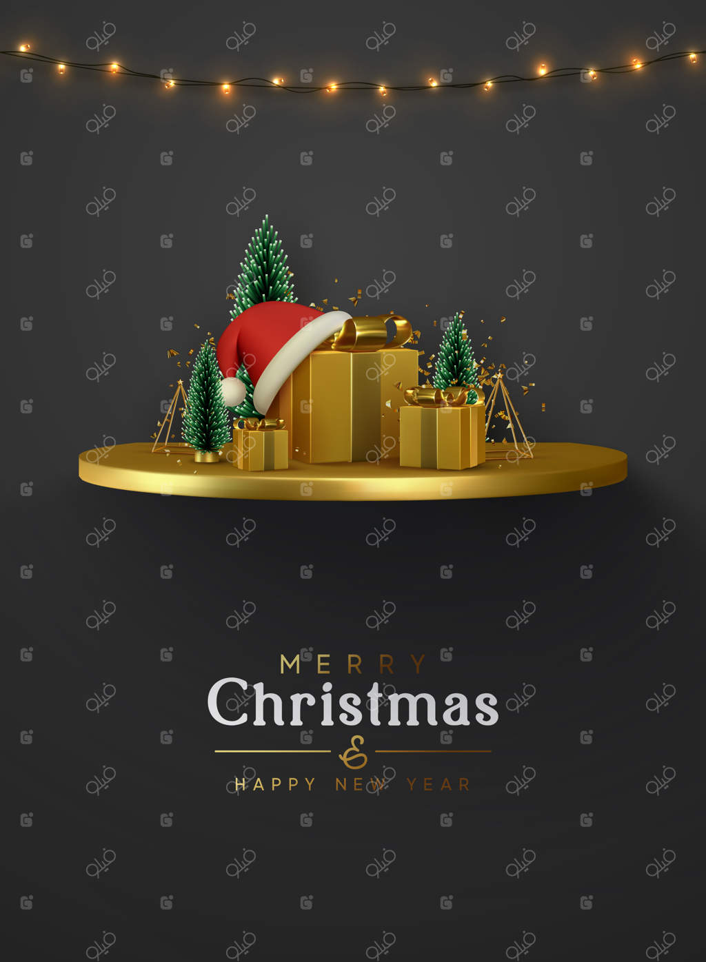کریسمس و سال نوی مبارک. ترکیب زمستانی با سکوی طلا، درخت کاج و هدایای طلایی سه‌بعدی، تزیینات درخشان. طراحی کارت تبریک زمستانی. تصویرسازی وکتور برای تعطیلات.
