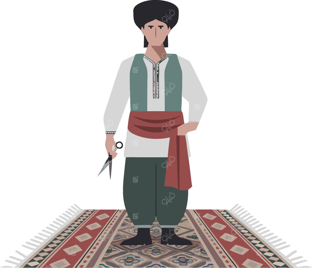 تصویر سنتی آرایشگر خاورمیانه‌ای روی فرش تزیینی