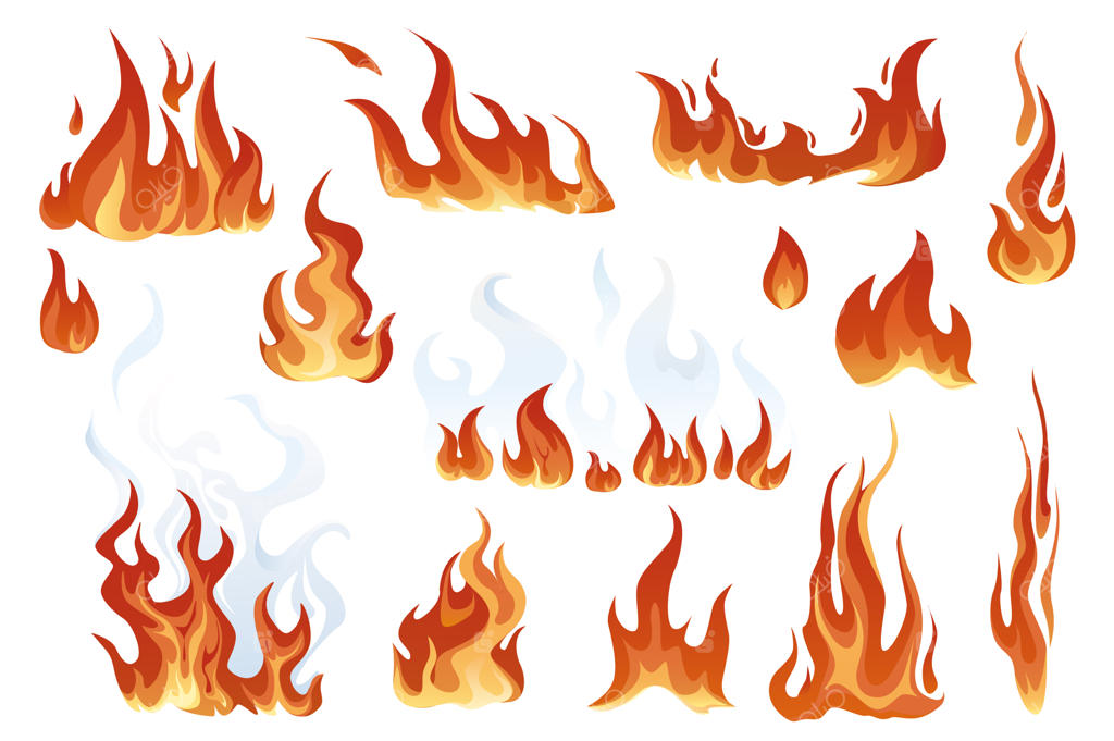 مجموعه عناصر جداگانه شعله‌های آتش کارتونی داغ با افکت‌های قرمز و نارنجی