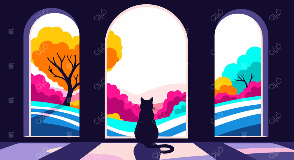 گربه سیاه آرام در حال تماشای منظره‌ای سرزنده از میان پنجره‌های قوسی زیبا؛ تصویرسازی مدرن به سبک طراحی تخت با درختان رنگارنگ و تپه‌های خیال‌انگیز