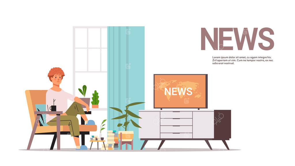 زنی مشغول تماشای برنامه خبری روزانه از تلویزیون - دختر روی صندلی در اتاق نشیمن نشسته است