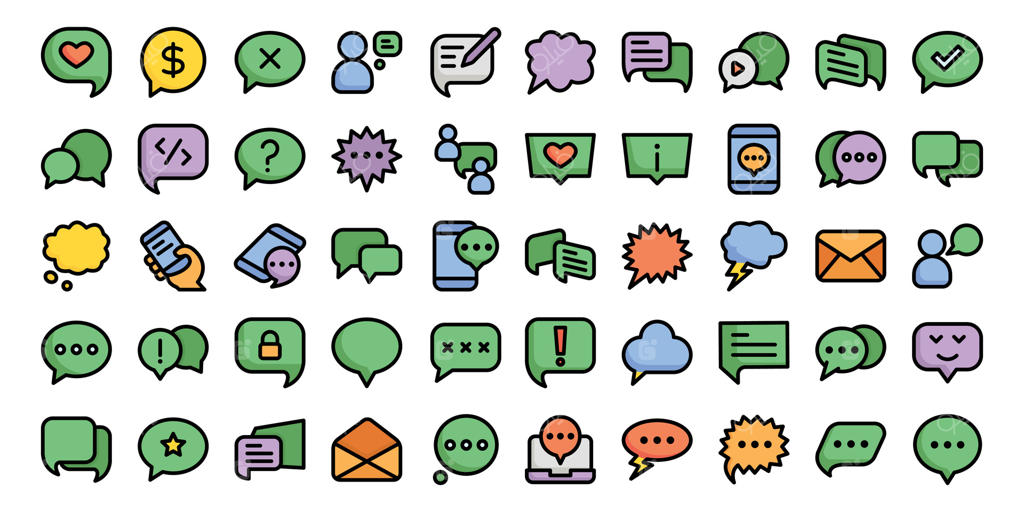 مجموعه آیکون‌های حباب گفتار؛ طرح‌های وب خطی و توپر با موضوع چت، پیام، مکالمه و گفتگو - وکتور حرفه‌ای