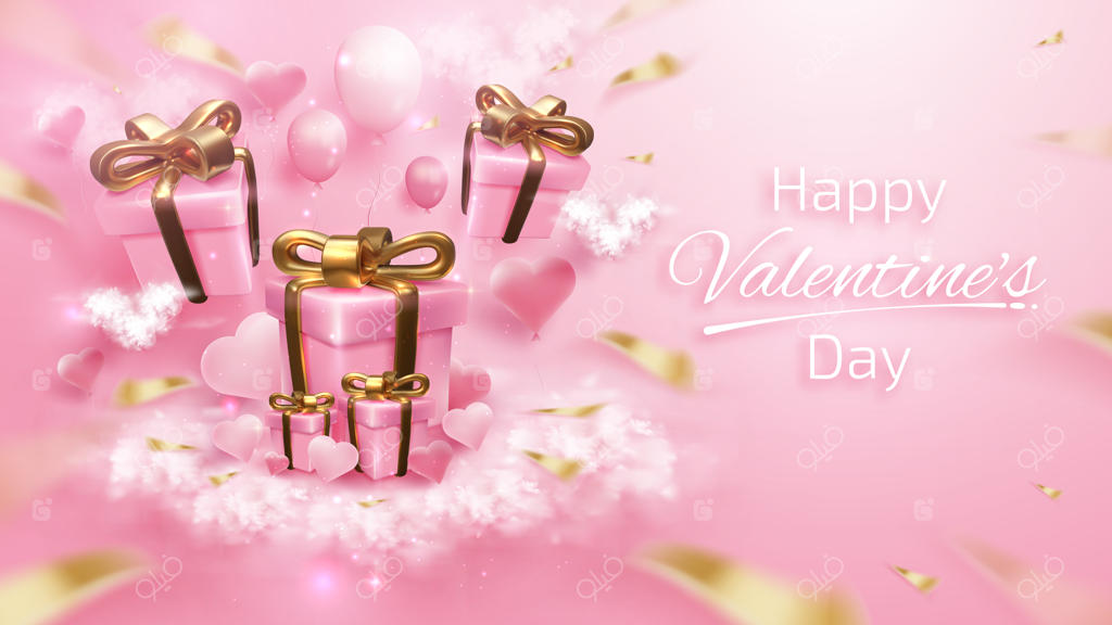 پس‌زمینه روز ولنتاین در سبک لوکس و واقع‌گرایانه سه‌بعدی با عناصری مانند بادکنک‌ها، جعبه هدیه، ابر به شکل قلب و روبان طلایی. طراحی جذاب با افکت نور اکلیل. تصویرسازی وکتور.