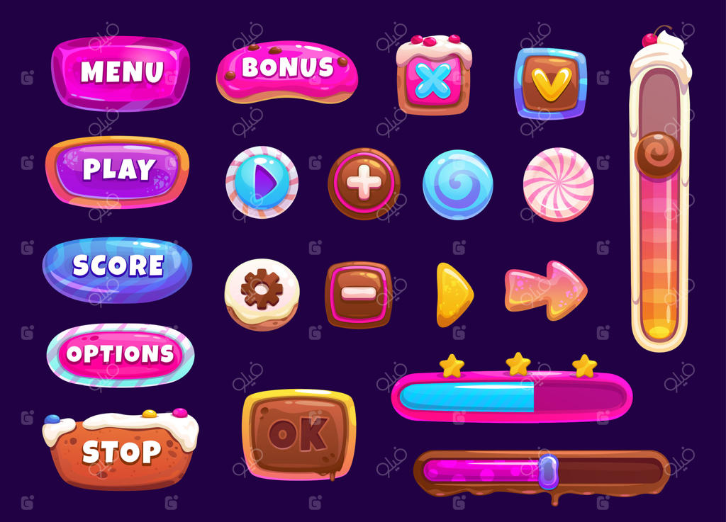 رابط کاربری بازی: دکمه‌های آب‌نبات، کوکی و پنجره‌ها