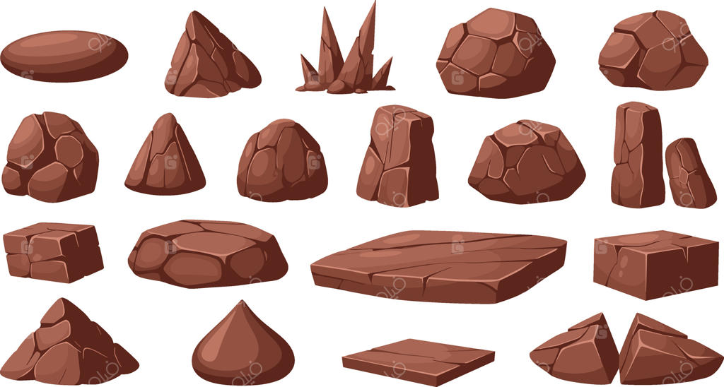 مجموعه متنوع سنگ و صخره‌های کارتونی قهوه‌ای استایلیزه، مناسب برای محیط‌های بازی، تصویرسازی منظره و پروژه‌های طراحی گرافیک دیجیتال با عناصر طبیعی زمین‌شناسی