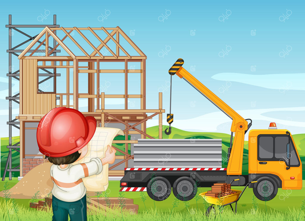 صحنه کارتونی از یک کارگاه ساخت و ساز