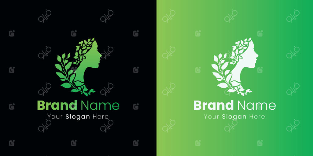لوگوی پروفایل زنانه شیک با برگ‌ها برای هویت کسب‌وکار زیبایی و سلامت