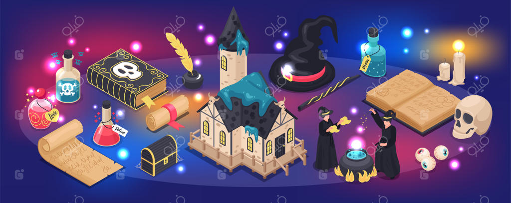 ترکیب‌بندی ایزومتریک و جادویی باریک با جرقه‌ها، کتاب و چوبدستی جادو، چشم جهان‌بین و جادوگران