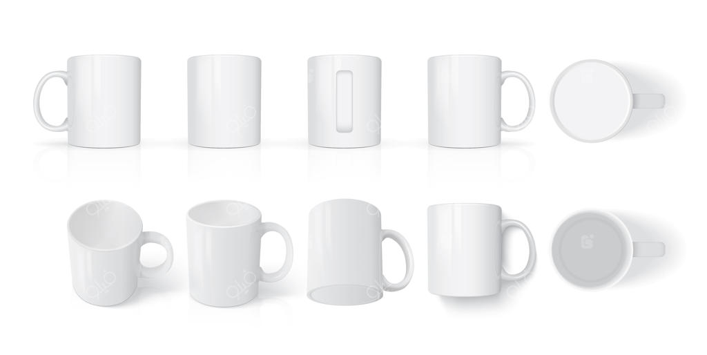 مجموعه‌ای از ماگ‌ها روی زمینه سفید