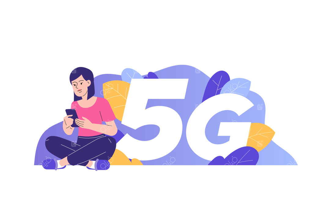 دختری در حال استفاده از 5G روی گوشی