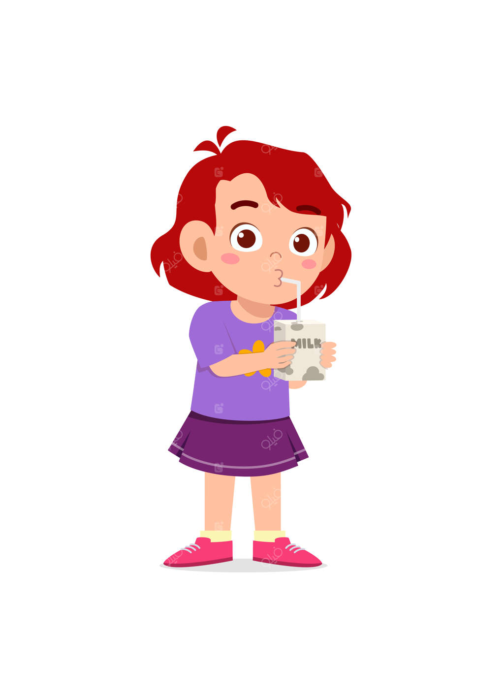 دختر کوچولو با نی یک بسته شیر می‌نوشد