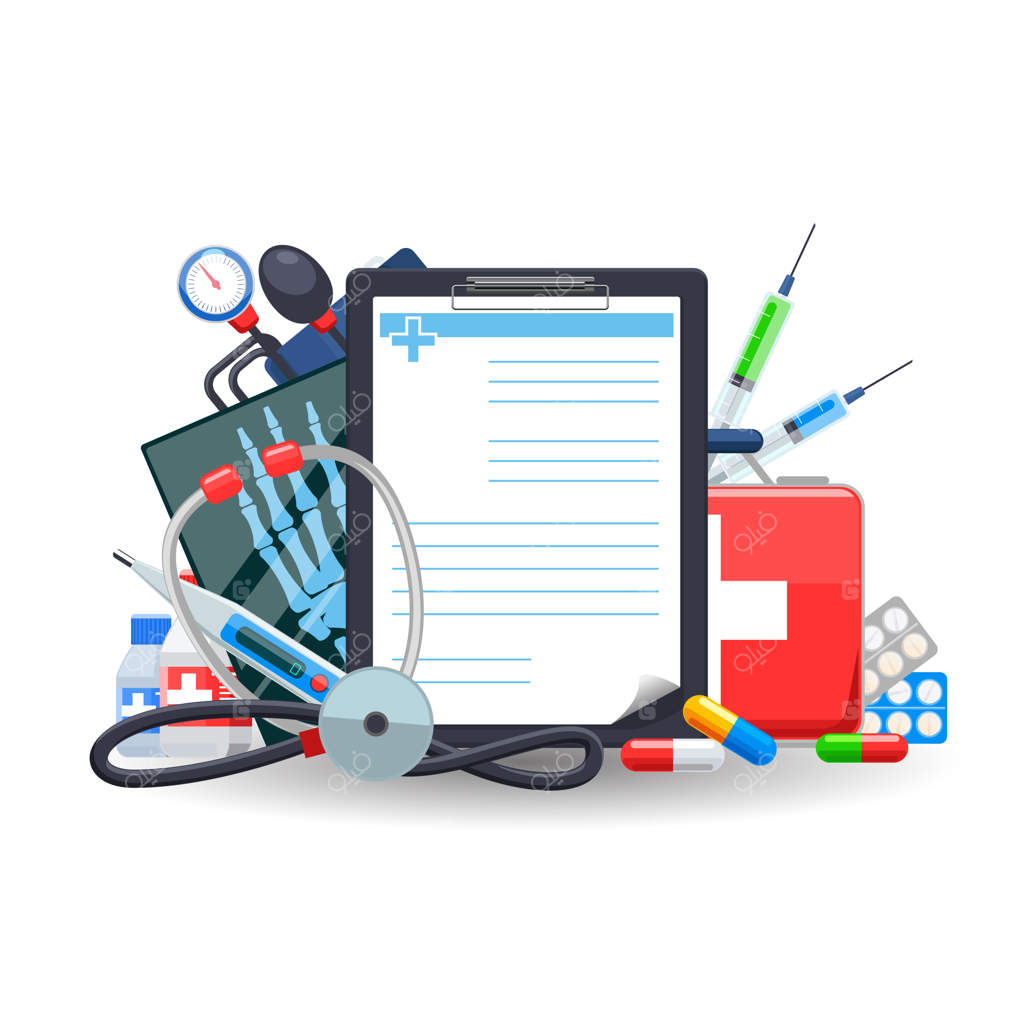 نسخه پزشکی: قرص و گوشی پزشکی، دماسنج و داروخانه، فشارسنج و رادیوگرافی، ویتامین و سلامتی.