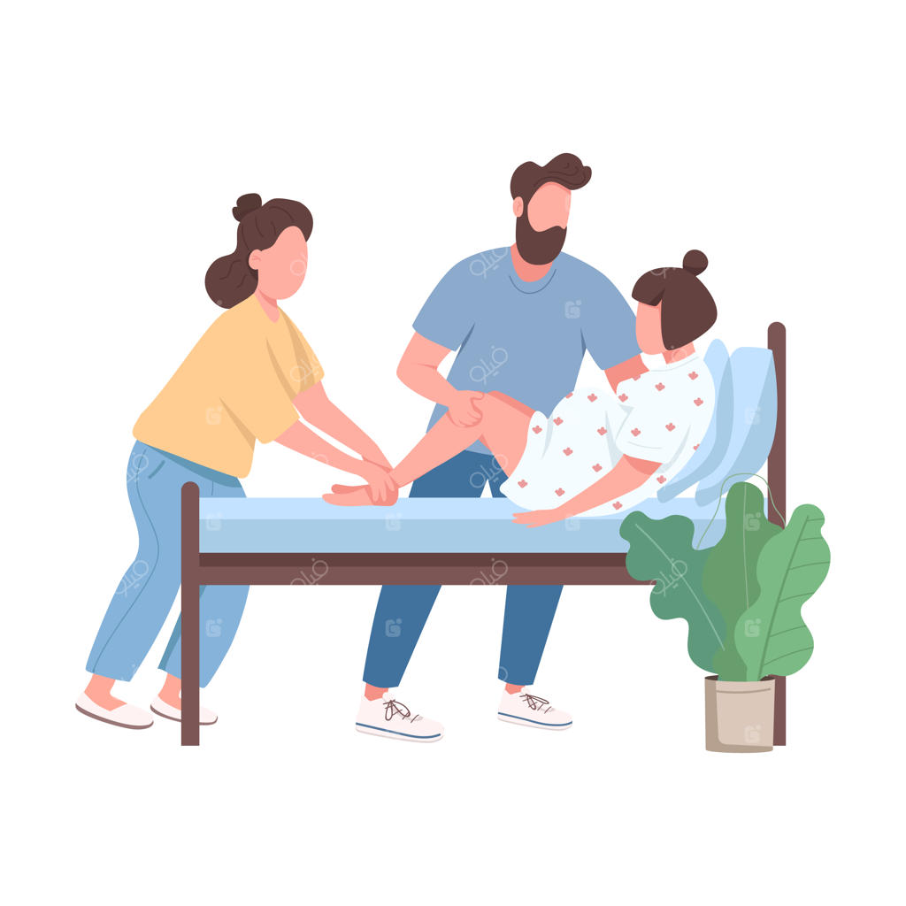 کاراکتر بدون چهره زن در حال زایمان با طراحی تخت؛ کمک حرفه‌ای دولا و حمایت همسر، تصویرسازی کارتونی ایزوله برای طراحی گرافیک وب و انیمیشن