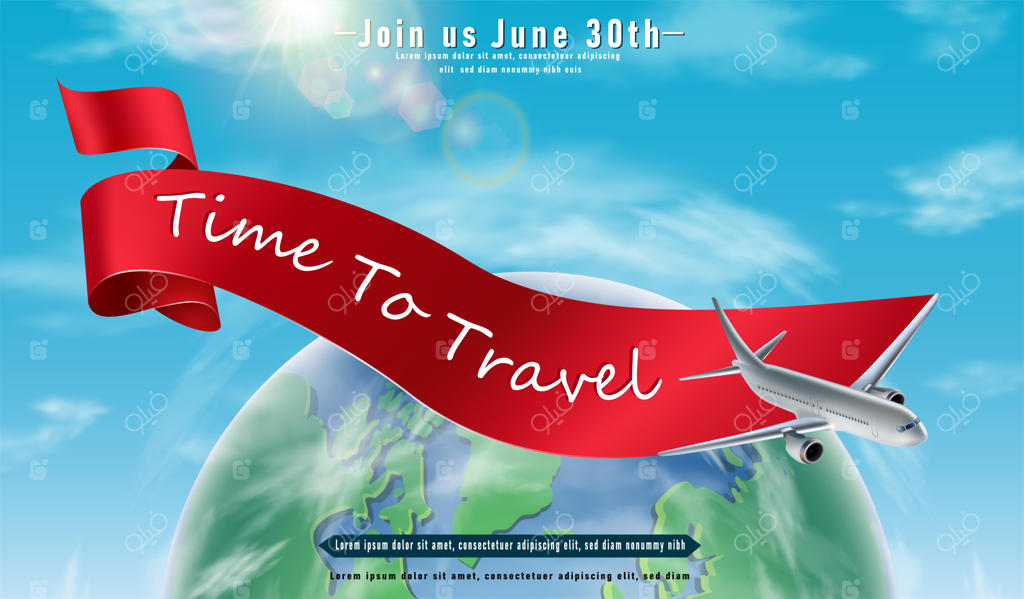 بنری برای سفر با کره‌ی سبز و هواپیما در حال پرواز و روبان قرمز افقی