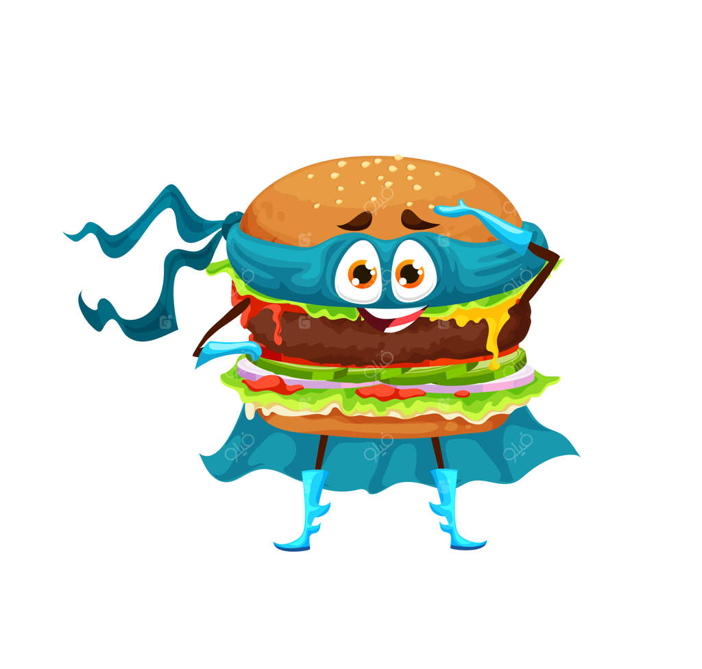 شخصیت کارتونی همبرگر خنده‌دار و قهرمان با ماسک