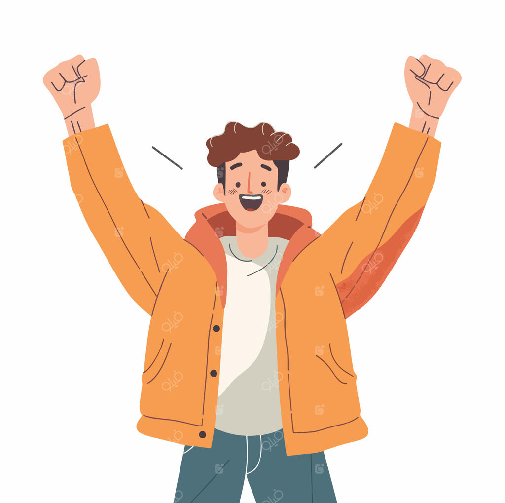 تصویرسازی وکتور فلت کاراکتر مرد شاد در حال جشن گرفتن با دستان بالا