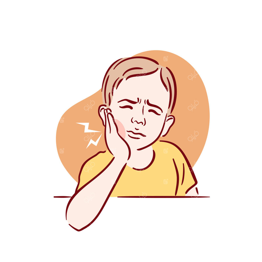 پسربچه‌ای ریش‌دار با دندان‌درد شدید؛ فردی با دندان‌های خراب که گونه‌اش را گرفته است. درد حاد، پالپیت و پوسیدگی دندان. تصویرسازی دستی به سبک اسکیس.