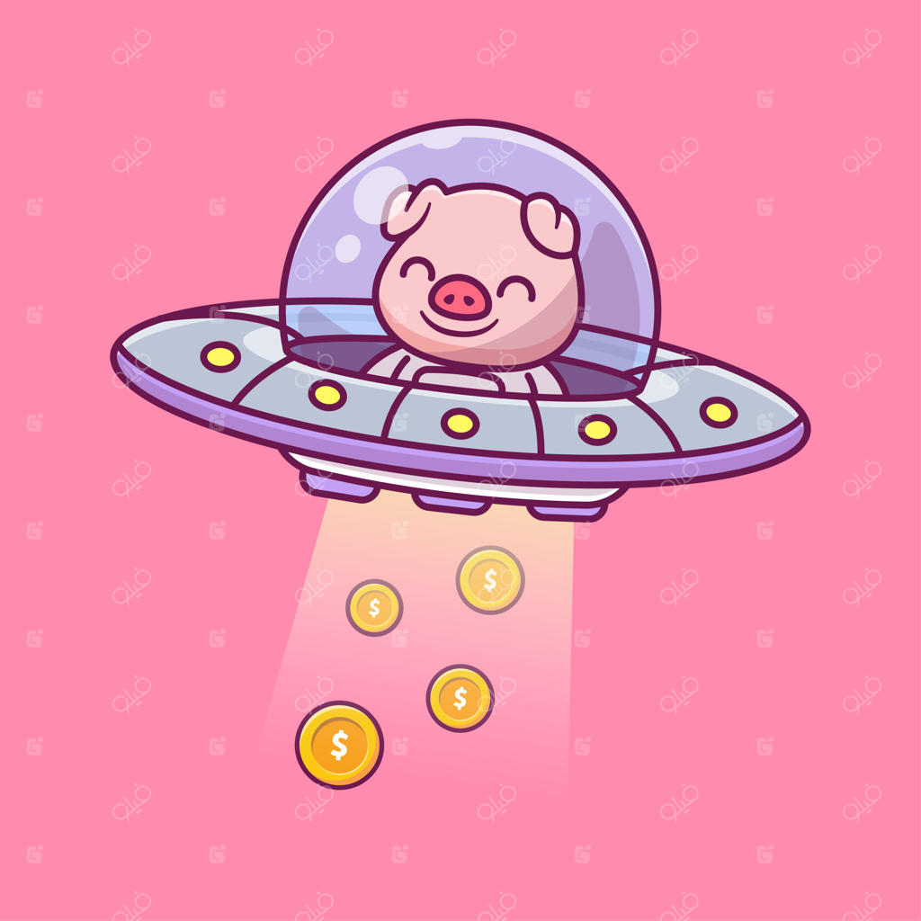 خوک بامزه در حال گرفتن سکه طلا با بشقاب پرنده - تصویر کارتونی مالی حیوانات