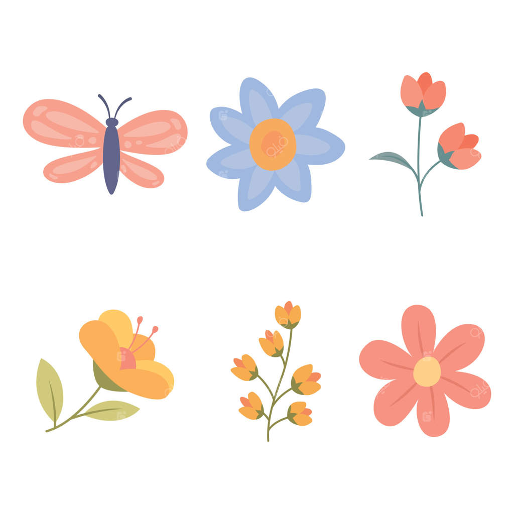 عناصر پروانه با شکوفه‌های طبیعی و گل‌های باغی